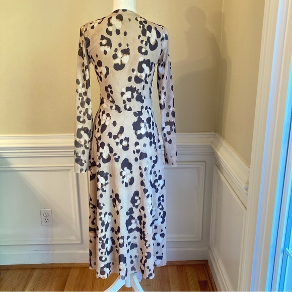 H&M Tan Black Animal Leopard Cheetah Print Mesh Net Long Sleeve Midi Maxi Dress - Picture 3 of 9